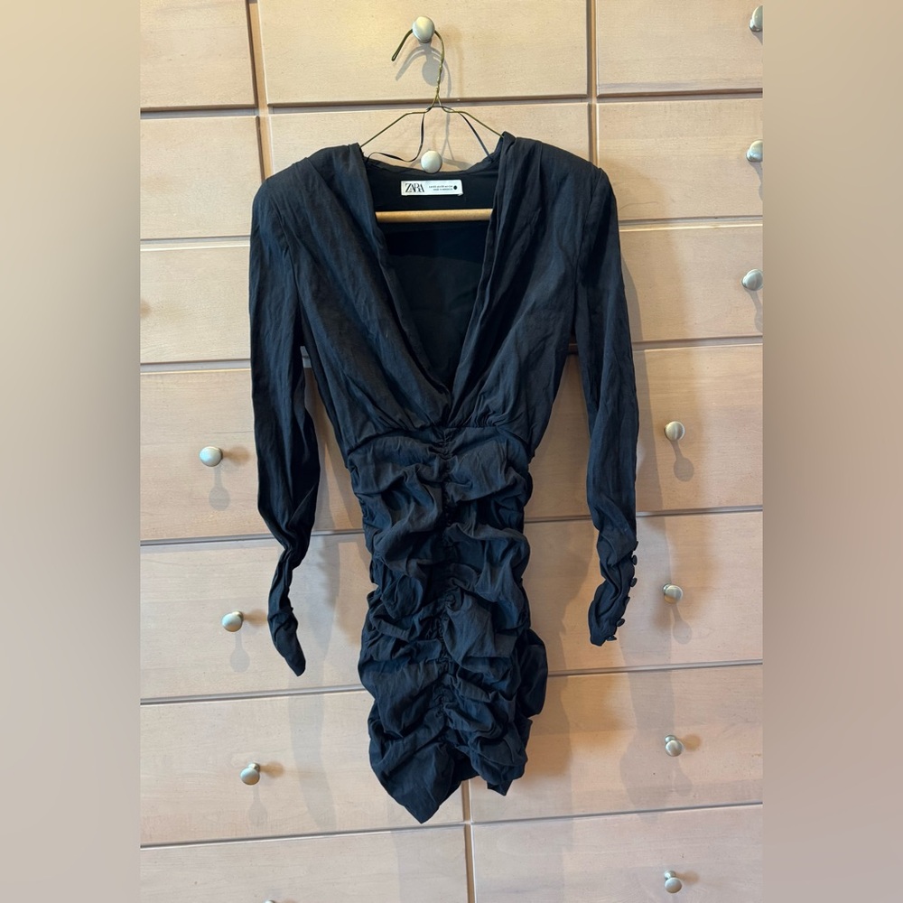 Zara Black Ruched Long Sleeve Dress Size XS